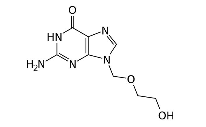 Structure de l'aciclovir, l'un des principaux médicaments antiviraux.