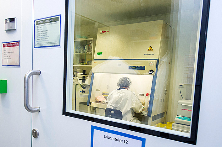 Le bâtiment IDMIT est équipé de laboratoires de confinement biologique de niveaux 1, 2, 3 et de zones adaptées aux agents pathogènes à transmission par aérosols.